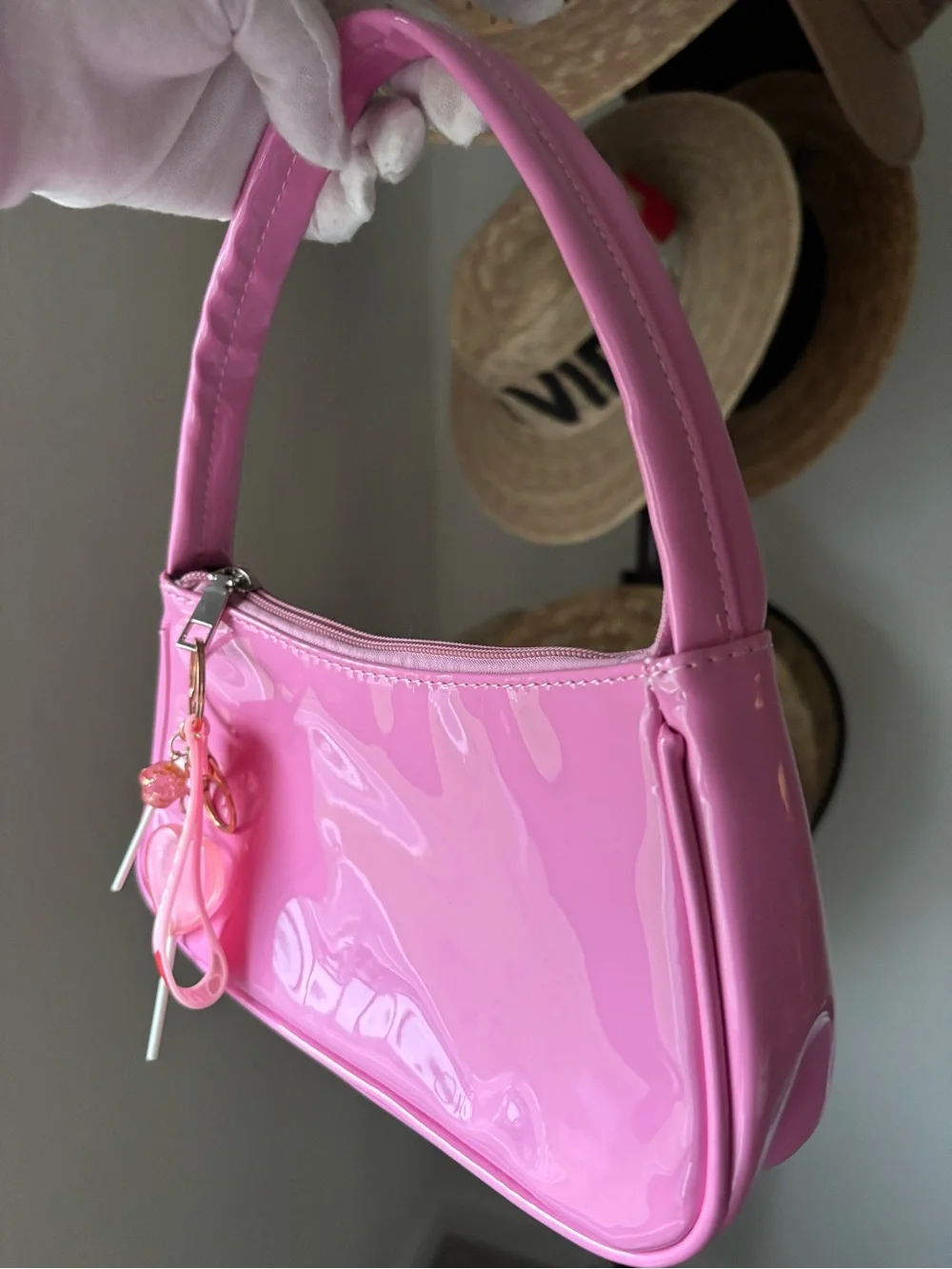 Y2K Pink Patent Shoulder Bag w/ Kawaii Charm Baguette Purse Cute Glossy